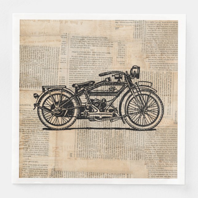 Vintage Motorcycle Art Newspaper Text Style Napkin (Front)