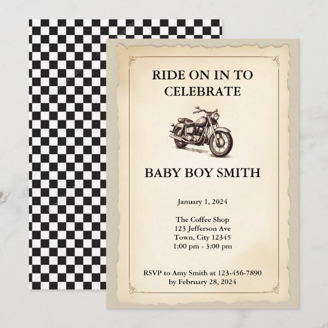Vintage Motorcycle Baby Shower Invitation (Front/Back)