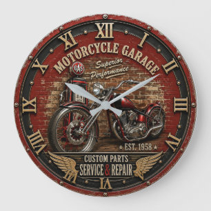 Vintage Motorcycle Chopper Garage Decor Large Clock