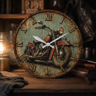 Vintage Motorcycle Classic Cruiser Biker Rustic  Large Clock