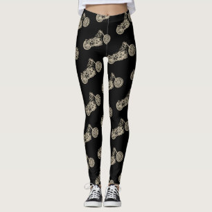 Vintage Motorcycle Illustration gold on black Leggings