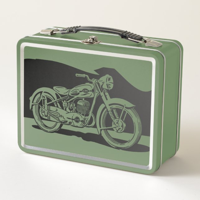 Vintage Motorcycle & Mountains Metal Lunch Box (Front)