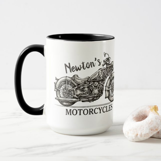 Vintage Motorcycle Personalised NAME Biker Garage Mug (With Donut)