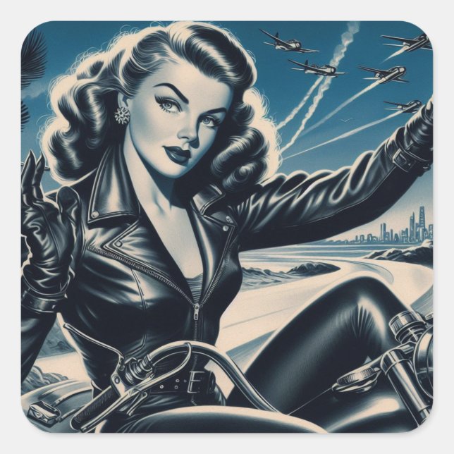Vintage Motorcycle Pin Up Square Sticker (Front)