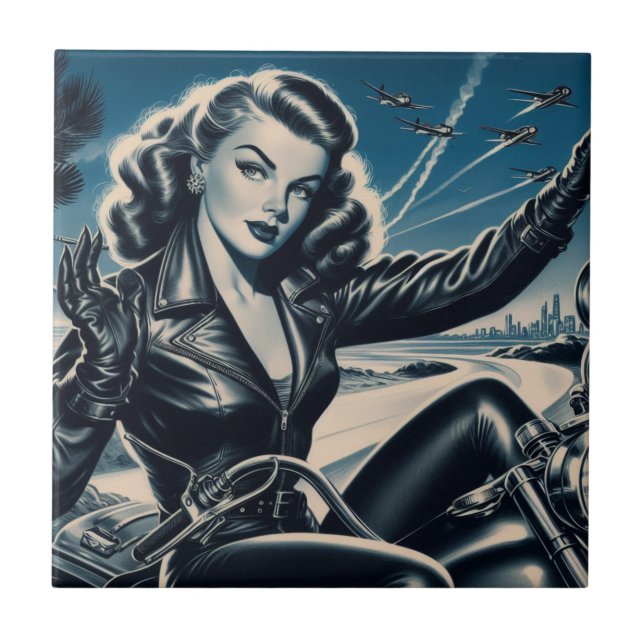 Vintage Motorcycle Pin Up Tile (Front)