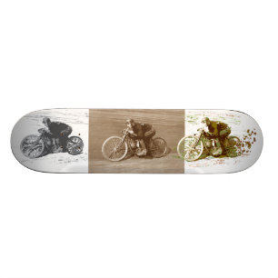 Vintage Motorcycle Racing on Wooden Board Skateboard