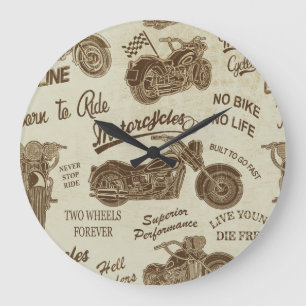Vintage motorcycle silhouettes: seamless backgroun large clock