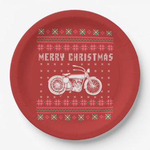 Vintage Motorcycle Ugly Christmas Sweater Paper Plate