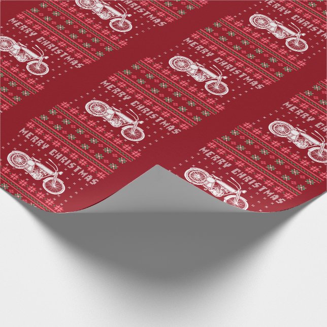 Vintage Motorcycle Ugly Christmas Sweater Wrapping Paper (Corner)