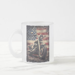 Vintage Motorcycle USA Flag Retro Biker American Frosted Glass Coffee Mug