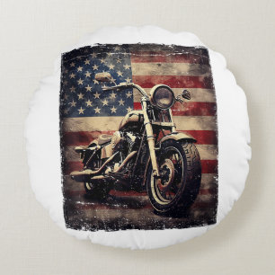 Vintage Motorcycle USA Flag Retro Biker American Round Cushion