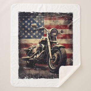 Vintage Motorcycle USA Flag Retro Biker American Sherpa Blanket