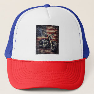Vintage Motorcycle USA Flag Retro Biker American Trucker Hat
