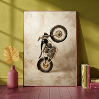 Vintage Motorcycle Wheelie Minimalist Beige Art
