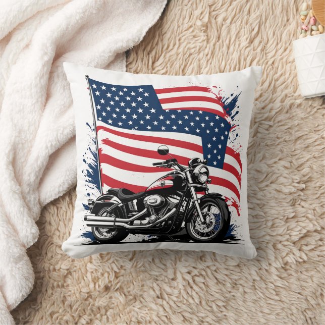 Vintage motorcycle with American flag backdrop Cushion (Blanket)