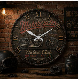 Vintage Motorcycles Riders Rustic Chopper Garage Large Clock