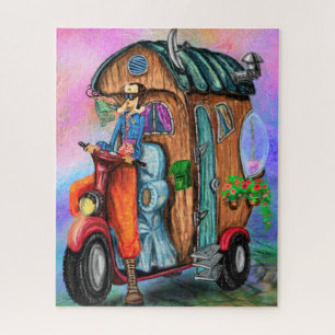 Vintage Motorhome World Travelling Girl - Paintin Jigsaw Puzzle