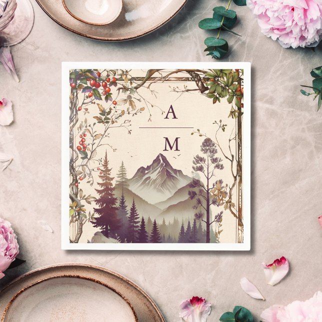 Vintage Mountain Forest Evergreen Tree Wedding Napkin (Creator Uploaded)