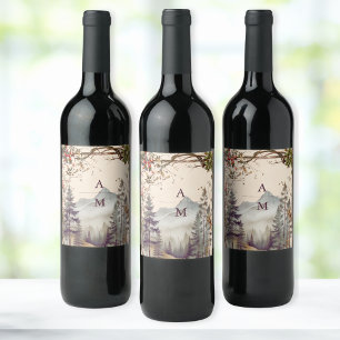 Vintage Mountain Forest Evergreen Tree Wedding Wine Label