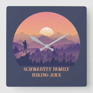 Vintage Mountain Forest Hiker's Sunset purple oran Square Wall Clock