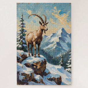 Vintage Mountain Goat on Frosted Christmas Ridge Jigsaw Puzzle