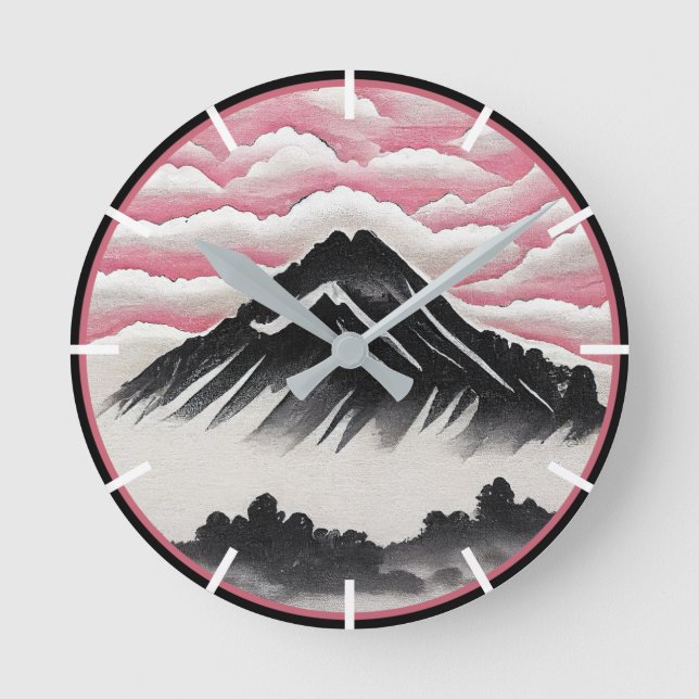 Vintage Mountain Japanese Art Landscape Round Clock (Front)