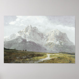 Vintage Mountain Landscape Painting, Rustic Muted. Poster