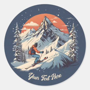 Vintage Mountain Pine Skiing orange Sunset Classic Round Sticker