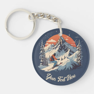 Vintage Mountain Pine Skiing orange Sunset  Key Ring