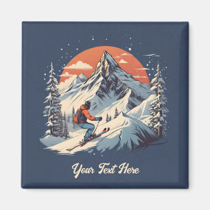 Vintage Mountain Pine Skiing orange Sunset Magnet