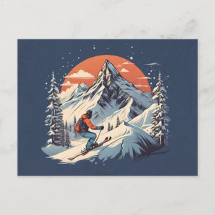 Vintage Mountain Pine Skiing orange Sunset Postcard