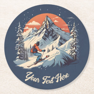 Vintage Mountain Pine Skiing orange Sunset  Round Paper Coaster