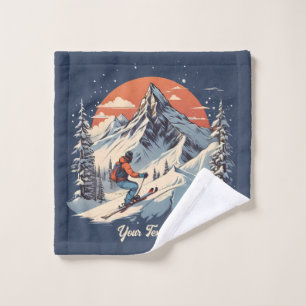 Vintage Mountain Pine Skiing orange Sunset  Wash Cloth