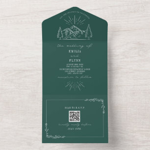 Vintage Mountain Rustic Emerald QR Code RSVP All In One Invitation