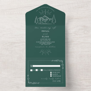 Vintage Mountain Rustic Emerald RSVP All In One Invitation