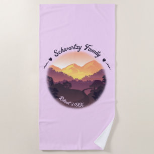 Vintage Mountain Sunset Farmhouse Retreat Purple Beach Towel