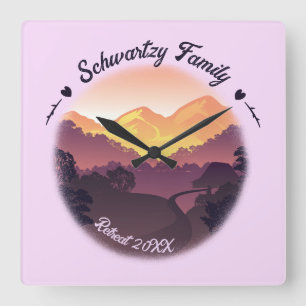 Vintage Mountain Sunset Farmhouse Retreat Purple Square Wall Clock