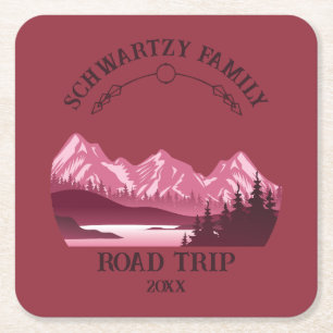 Vintage Mountain Sunset outdoor lake Retreat red Square Paper Coaster