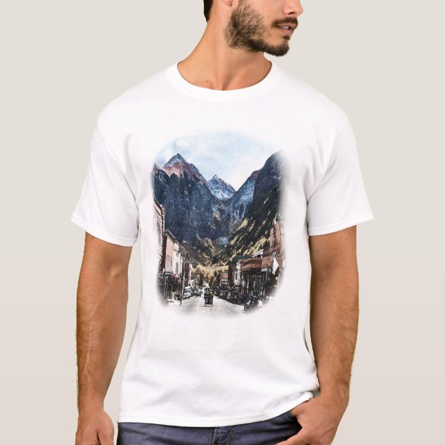 Vintage Mountain Town Street View Graphic T-Shirt (Front)
