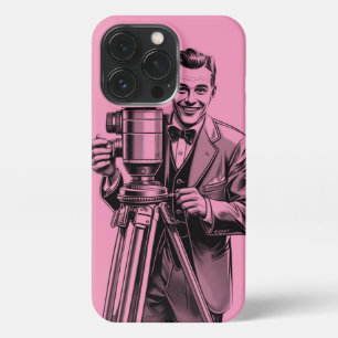 Vintage movie camera man in pink iPhone 13 pro case