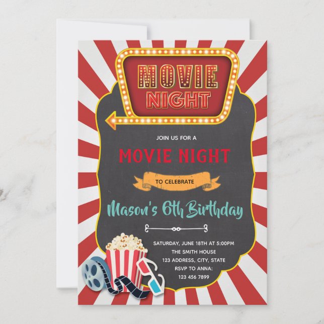 Vintage movie night birthday party invitation (Front)