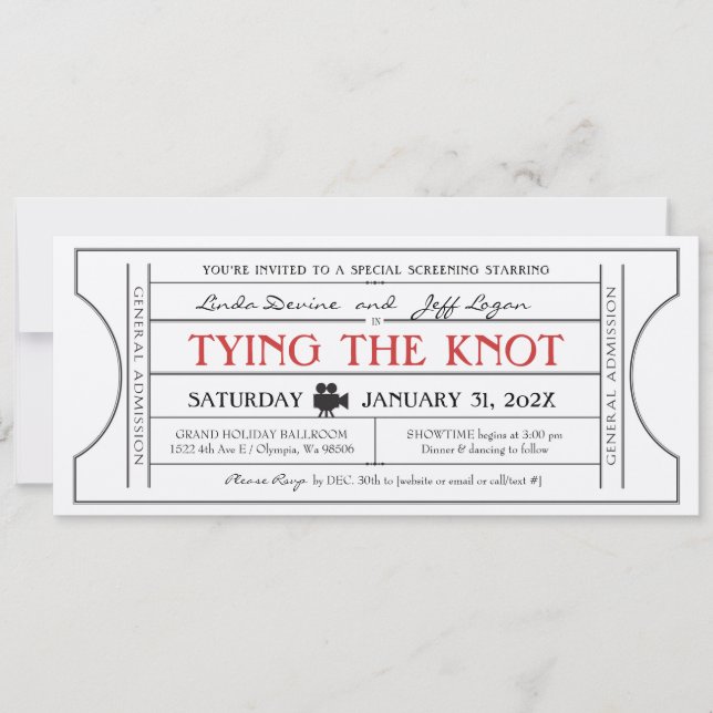 Vintage Movie Theme Wedding Ticket Invitation (Front)