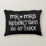 Vintage Mr and Mrs black chalkboard accent pillow<br><div class="desc">Vintage Mr and Mrs black chalkboard accent throw pillow. Elegant home decor for newlyweds, bride and groom, husband and wife couple, honeymooners. Cute wedding party, engagement, bridal shower or anniversary gift idea for friends and family. Handwritten typography style with little gungy love heart. Pretty double sided decoration cushion for sofa,...</div>