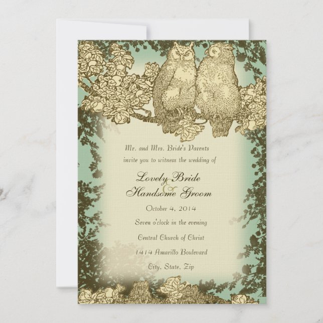 Vintage Mr. and Mrs. Owl Wedding Invitation (Front)