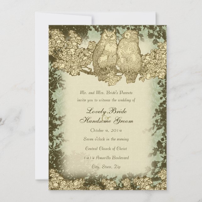 Vintage Mr. and Mrs. Owl Wedding Invitation (Front)