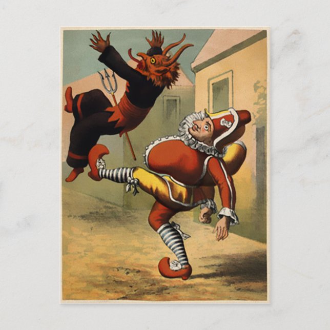 Vintage Mr Punch Kicking the Devil Postcard (Front)