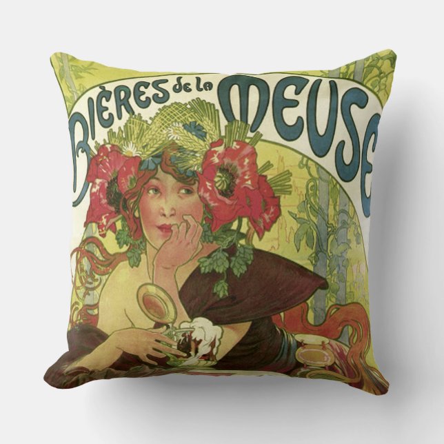 Vintage Mucha Beer Advertisement Cushion (Front)