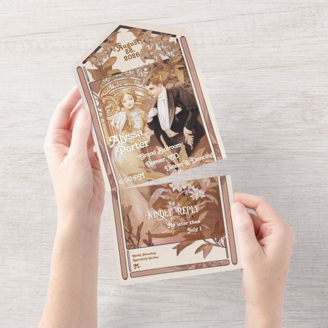 Vintage Mucha Poster All in One Wedding Invite (Tearaway)