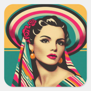 Vintage Mujer Latina con Sarape y Sombrero Square Sticker