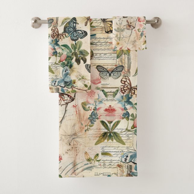 Vintage Multi Butterflies and Flowers Bath Towel Set (Insitu)